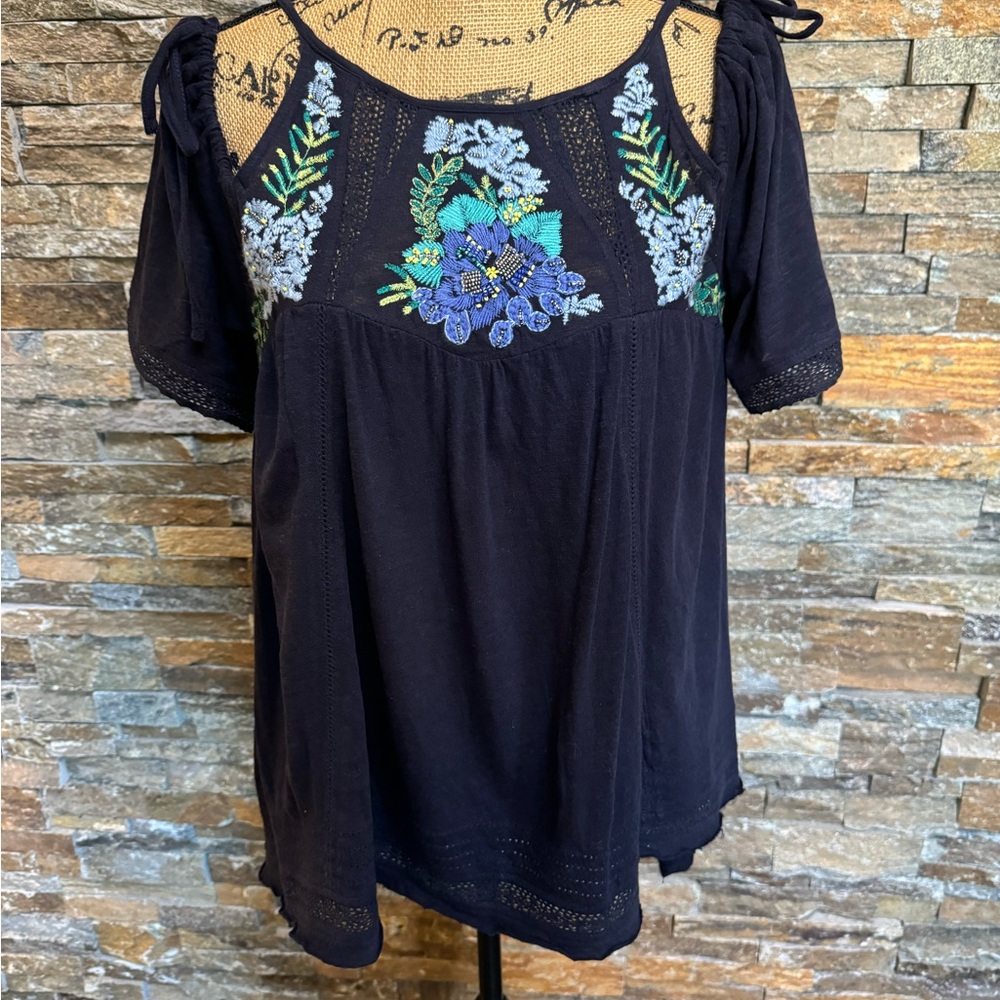 Free People Fast Times Blue Flowy Top Sz XS Scoop Back Boho Hippie Embroidered - Picture 3 of 13